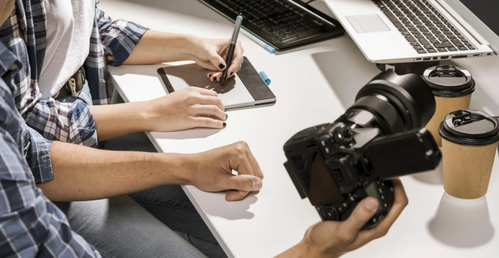 Team preparing storyboard for corporate films shoot