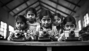 Humanitarian photographer capturing powerful moments with young girls at a non-profit NGO community workshop.