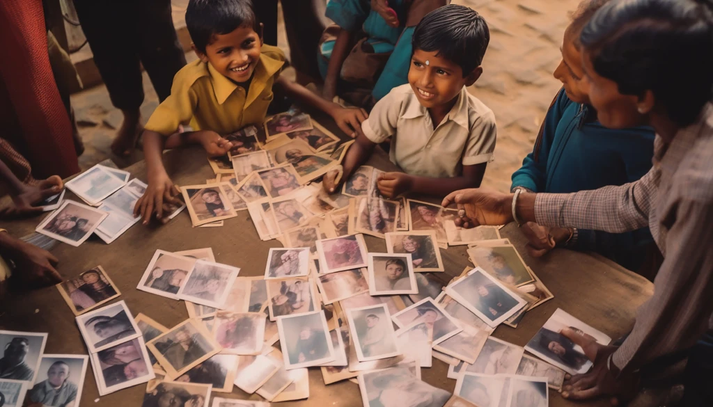 NGO visual storytelling: children and community reviewing photos, capturing real impact stories that inspire donor empathy and support.