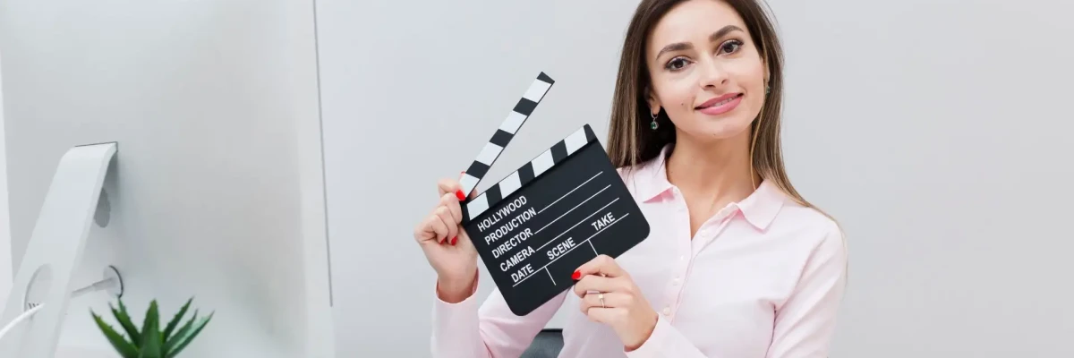 Corporate video production professional holding clapperboard at desk, symbolizing filmmaking challenges and planning work.