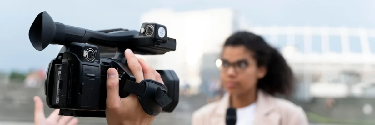 Professional video camera filming a female reporter during an outdoor corporate shoot by Corporate Filmmakers India.