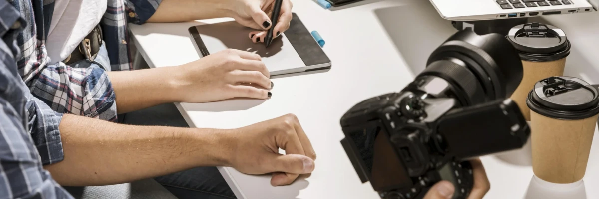 Team preparing storyboard for corporate films shoot