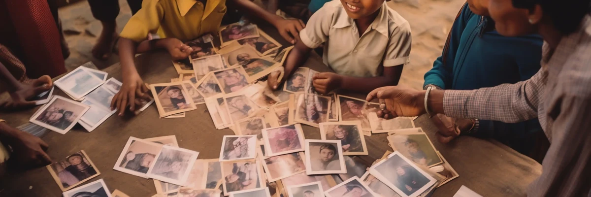 NGO visual storytelling: children and community reviewing photos, capturing real impact stories that inspire donor empathy and support.