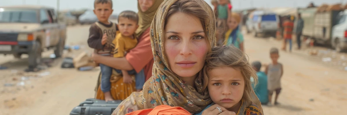 Humanitarian photography of a woman and children in a refugee setting